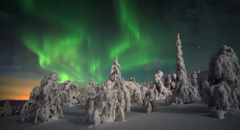 Stunning Northern Lights (Aurora Borealis) illuminating the night sky over a snow-covered forest and cabins in Finland.