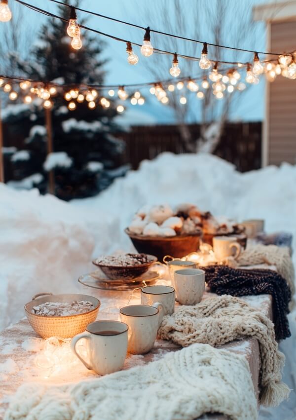 A cozy outdoor winter tea set-up in Finland with warm fairy lights, steaming mugs, and thick knitted blankets on a snow-covered table.